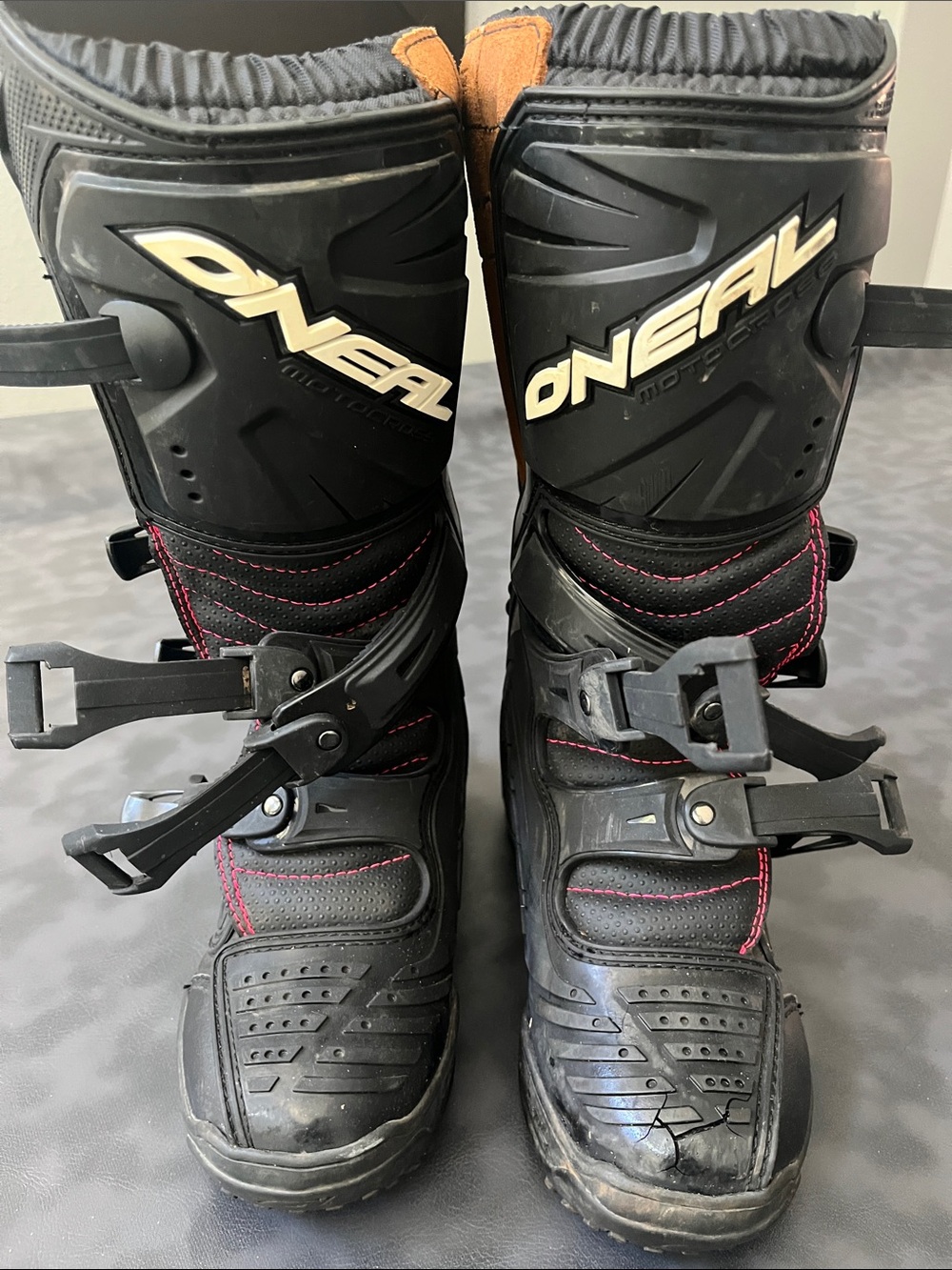 O'Neal Women's Black Combat Moto Boots with Pink Stitching